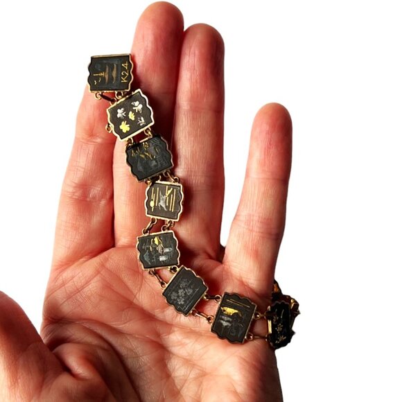 RARE Vtg Japanese Damascene Shakudo Panel Necklace/Bracelet/Screw-On Earrings - Picture 14 of 16